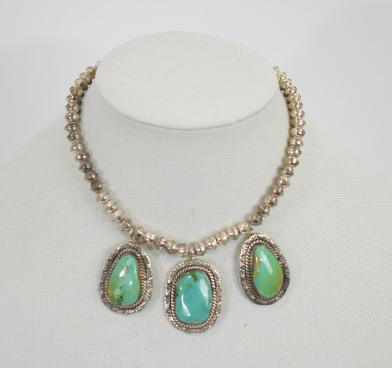 Vintage JE Sterling Silver Turquoise Three Pendant Cabochon Statement Necklace