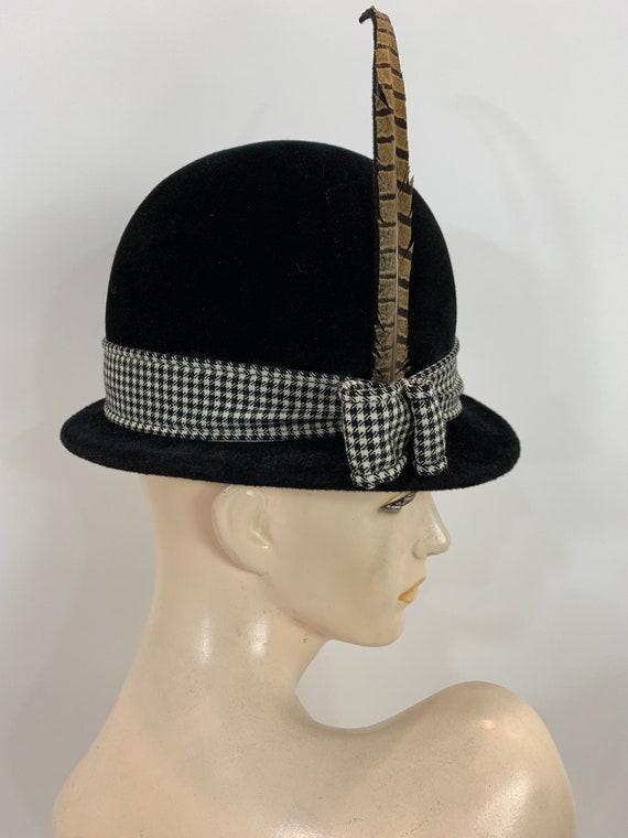 Vintage 1960s Frank Olive Black Velvet Bowler Feat