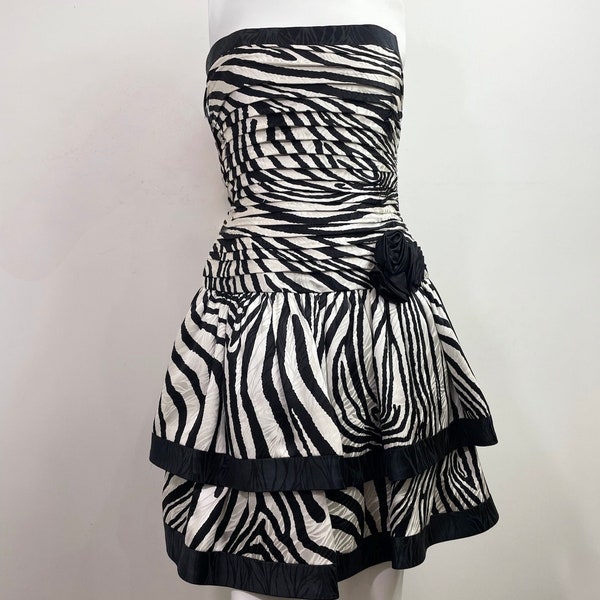 Vintage 1980's Black & White Zebra Print Bustier Tiered Ruffle Dress