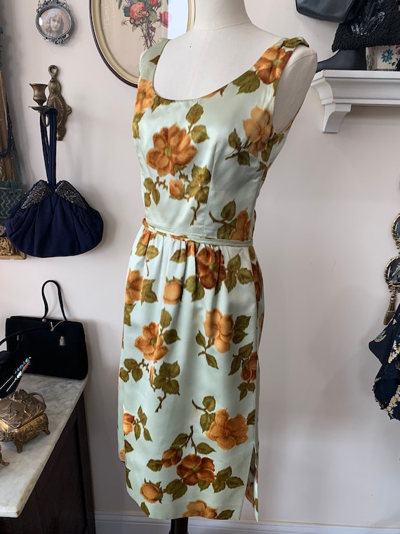 Vintage 1950s Silk Satin Floral Dress