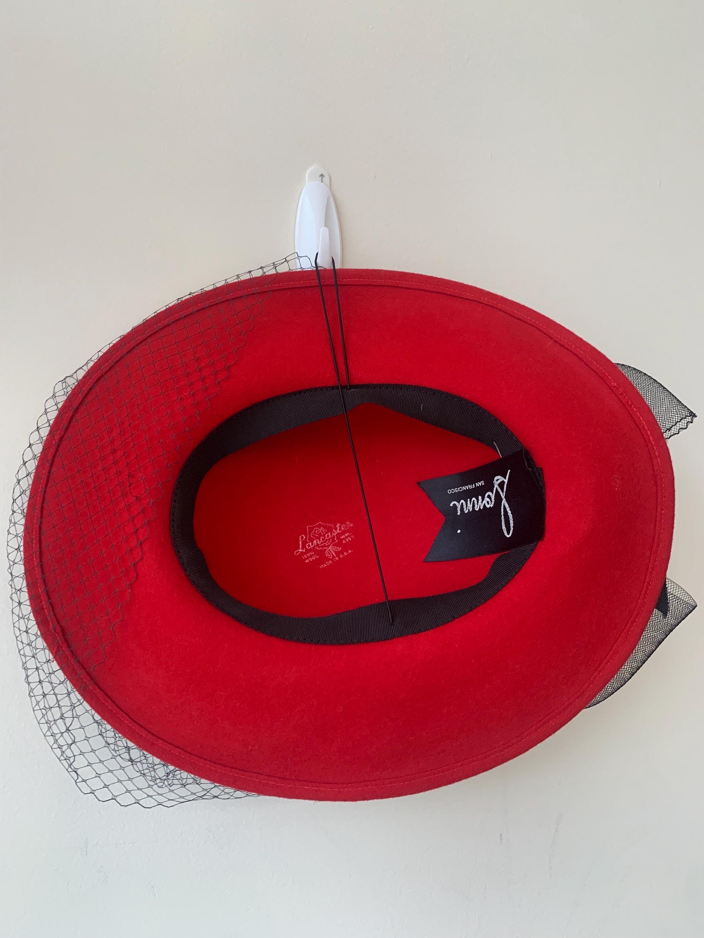Vintage 1980\'s Sonni San Francisco Red Wool Veiled Hat Black Netting Wide Brim Vintage 1980s Sonni of San Francisco Hat Black Wool & Net  main image 3