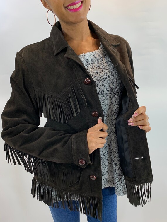 Vintage 90s Chocolate Brown Suede Fringe Jacket/Ra