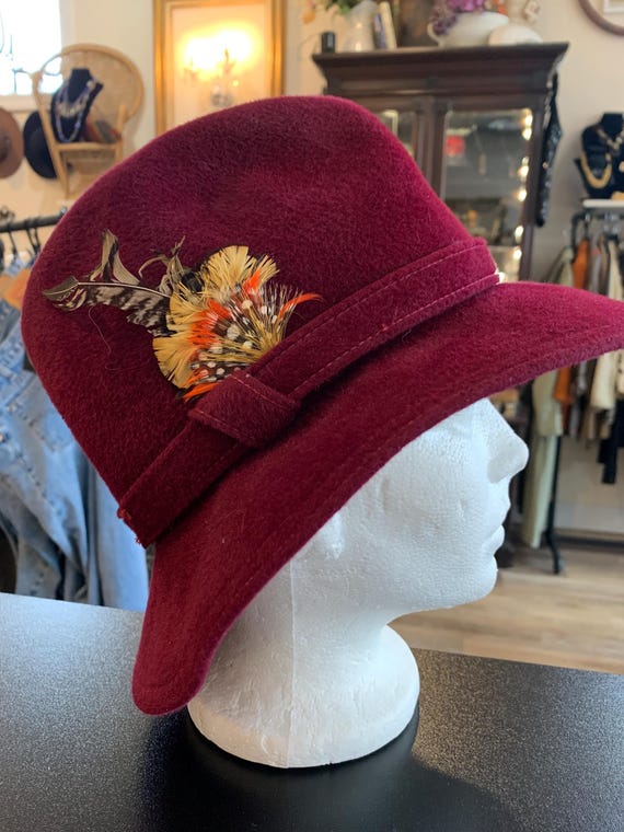 Vintage Burgundy Feathered Wide Brim Wool Hat Wide Brim Red 100% Wool Vintage Hats for Women for sale | eBay main image 2