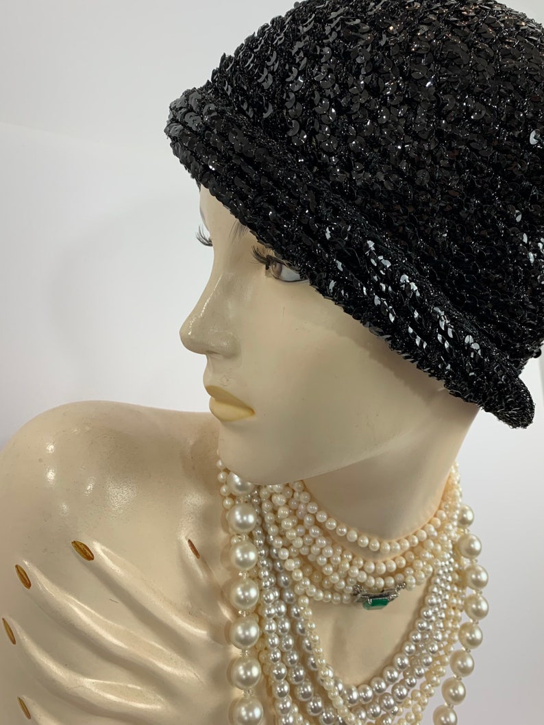 Vintage 1970s Black Lurex Halston Cloche Hat Retro Disco Skull Cap Black Lurex Yarn Shimmery Crochet Designer Hat