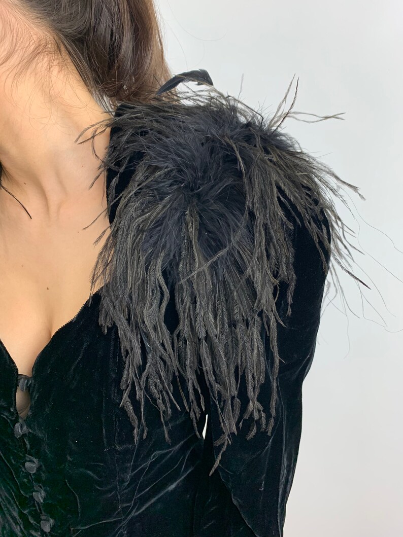 Vintage 1980s Black Ostrich Shoulder Silk Velvet JacketHoliday Black Velvet JacketEvening Velvet and Ostrich Feather JacketRuched Velvet