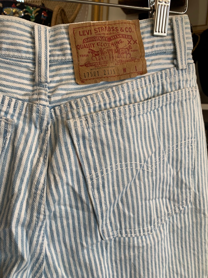 Vintage 1980s Levis 501 Button Fly Engineer Stripe Jeans Levis 17501 Striped Denim Five Pocket Jeans High Waist Railroad Stripe Made USA image 6