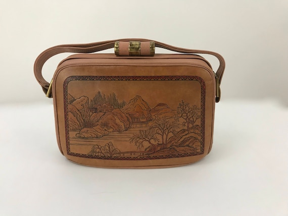 Asian Tooled Leather Bag/Leather Box Bag/Japanese
