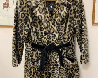 Vintage 1960s Leopard Faux Fur Coat Faux leopard Print Car Coat Belted Leopard Trench Style Cheetah Print Mid Length Coat