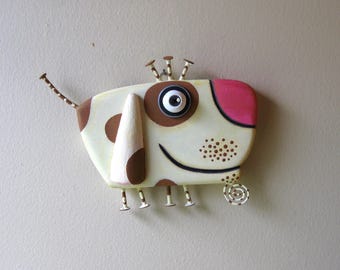 Handmade Puppy Wall Sculpture, 'Toby', Whimsical Dog Art, Found Object Art, Wood Carving