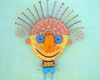 Whimsical Wall Art, 'Sunny Boy', Handcrafted Found Object Sculpture, Wood Carving
