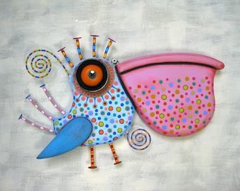 Bird Wall Art, MADE to ORDER, 'Polly Pelican', Wood Carving, Found Object Sculpture