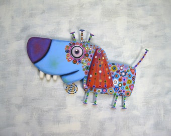 Festive Rex, Dog Wall Art, Found Object Wall Sculpture, Whimsical Dog Art, Dog Carving, Wooden Dog Art, by FigJamStudio