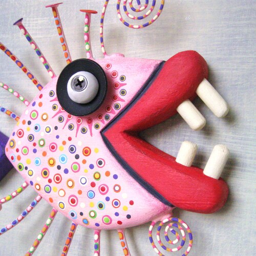 Pink Piranha, MADE to ORDER, Fish Wall Art, Fish Carving, Found Object shops Wall Sculpture, Wood Carving, Wooden Fish, by FigJamStudio