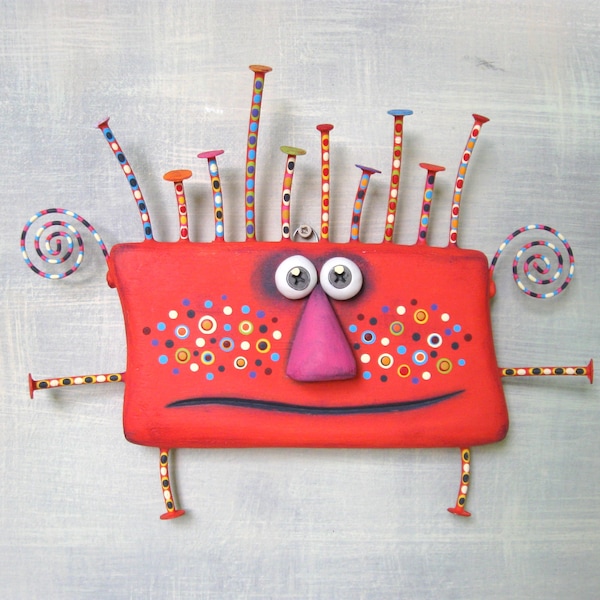 Whimsical Wall Art, MADE to ORDER, 'Little Orange Hug', Wood Carving, Found Object Sculpture