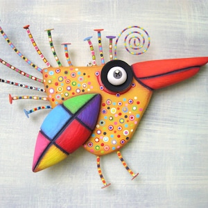 Bird Wall Art, MADE to ORDER, 'Golden Sparrow', Found Object Sculpture, Wood Carving