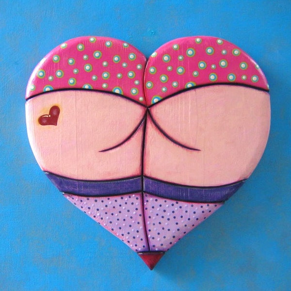 Valentine Tart, Original Wood Wall Sculpture, Heart Sculpture, Wood Carving, Painted Sculpture, by Fig Jam Studio