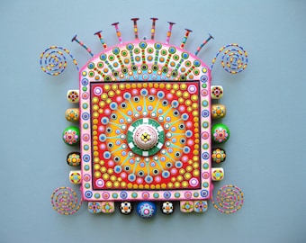 Handcrafted Found Object Sculpture, 'Glimmer 4', Colorful Wall Art, Wood Carving