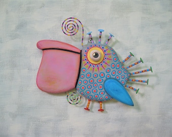 Bird Wall Art, MADE to ORDER, 'Petunia Pelican', Wood Carving, Found Object Sculpture