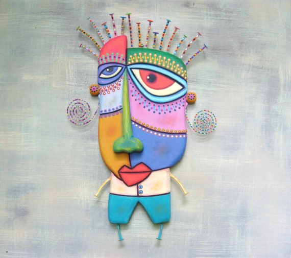 Whimsical Wall Art, 'Bogart', Handcrafted Found Object Sculpture, Wood Carving