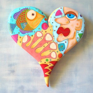 Painted Wooden Heart Wall Sculpture, Whimsical Contemporary Art