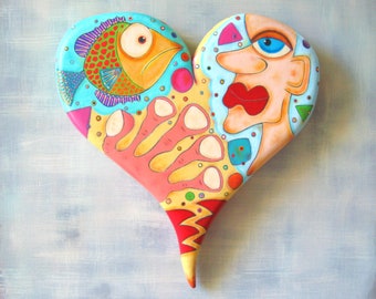 Painted Wooden Heart Wall Sculpture, Whimsical Contemporary Art