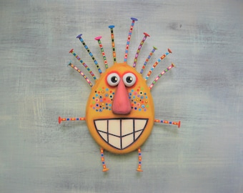Whimsical Wall Art, MADE to ORDER, 'Positive E. Gold', Found Object Sculpture, Wood Carving