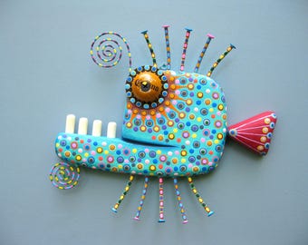 Whimsical Fish Wall Art, 'Bucky Bass', Handcrafted Found Object Sculpture, Wood Carving
