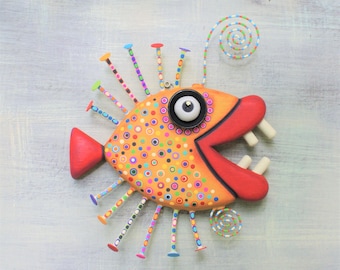 Fish Wall Art, MADE to ORDER, 'Golden Piranha', Handcrafted Found Object Sculpture, Wood Carving