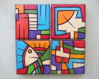 Block Party, Original Wood Wall Sculpture, Wood Carving, Abstract Sculpture, Painting on Wood, by FigJamStudio