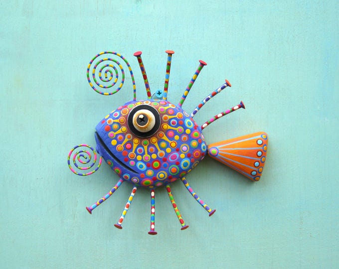 Found Object Fish Whimsical Fish Art, Rainbow Guppy, Fish Wall Art, Found Object Fish ...