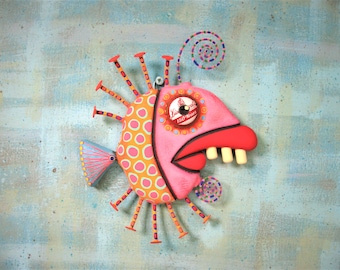 Fish Wall Art, MADE to ORDER, 'Gilbert Guppy', Handcrafted Found Object Sculpture, Wood Carving