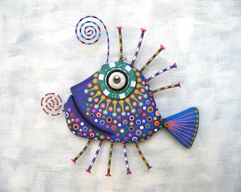Fish Wall Art, MADE to ORDER, 'Grape Guppy', Handcrafted Found Object Sculpture, Wood Carving