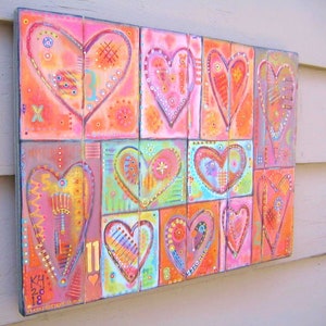 Original Acrylic Painting on Wood, 'Eleven Hearts', Heart Wall Art, Intuitive Art
