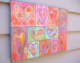 Original Acrylic Painting on Wood, 'Eleven Hearts', Heart Wall Art, Intuitive Art
