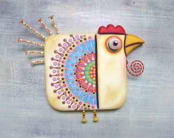 Zen Hen, MADE to ORDER, Chicken Wall Art, Found Object Wall Sculpture, Chicken Carving, Folk Art, Wooden Chicken Art, by FigJamStudio