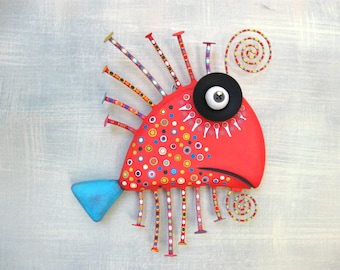 Wooden Fish Wall Art, MADE to ORDER, 'Orange Guppy', Handcrafted Found Object Sculpture