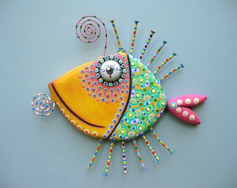 Whimsical Fish Wall Art, 'Dapper Snapper', Handcrafted Found Object Sculpture, Wood Carving