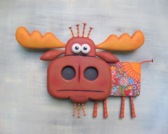 Whimsical Wall Art, 'Doodle Moose', Handcrafted Found Object Sculpture, Wood Carving