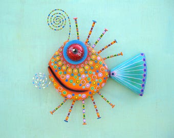 Whimsical Fish Wall Art, 'Groovy Goldfish' Wood Carving, Handmade Found Object Sculpture