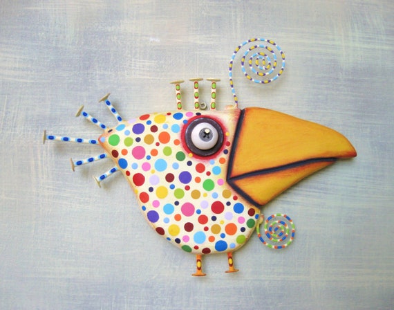 Whimsical Bird Art, MADE to ORDER, 'Festive Crow', Found Object Wall Sculpture, Wood Carving