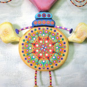 May include: A whimsical wooden sculpture of a bird with yellow wings, a pink head, and a colourful circular body with a mandala design. The bird has blue and pink legs and is painted with a variety of colours, including yellow, pink, blue, green, and red.