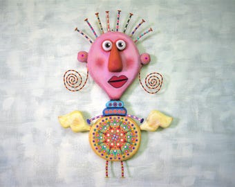 Whimsical Angel Wall Art, 'Angelica Mandala', Handcrafted Found Object Sculpture, Wood Carving