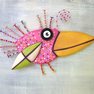Whimsical Bird Art, MADE to ORDER, 'Pink Crow', Wood Carving, Found Object Wall Sculpture