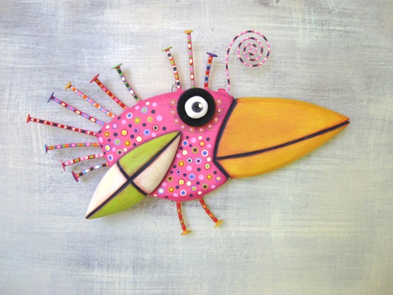 Whimsical Bird Art, MADE to ORDER, 'Pink Crow', Wood Carving, Found Object Wall Sculpture