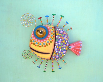 Handmade Fish Wall Art, 'Fiesta Bluegill', Found Object Sculpture, Wood Carving