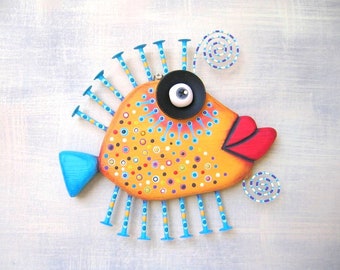 Fish Wall Art, MADE to ORDER, 'Golden Goldfish', Wood Carving, Found Object Sculpture