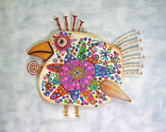 Whimsical Bird Wall Art, 'Fiesta Chicken', Handcrafted Found Object Sculpture, Wood Carving