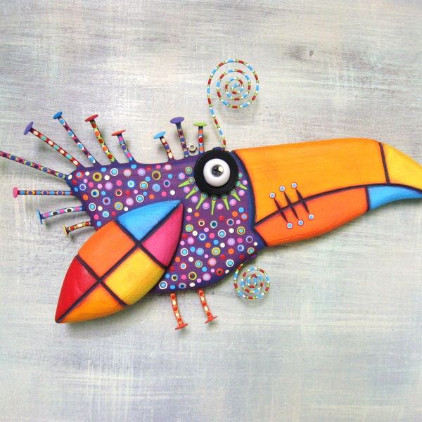 Bird Wall Art, MADE to ORDER, 'Purple Toucan', Wood Carving, Found Object Sculpture
