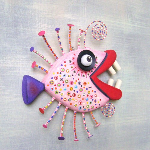 Pink Piranha, MADE to ORDER, Fish Wall Art, Fish Carving, Found Object shops Wall Sculpture, Wood Carving, Wooden Fish, by FigJamStudio