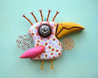 Arte mural de pájaro caprichoso, 'Pollo Jerk', escultura de objeto encontrado hecha a mano, tallado en madera